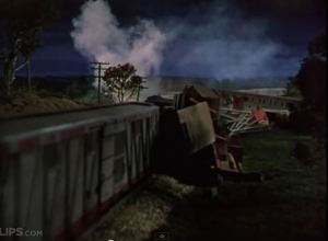 Some poor child's train set was ruined for this shot. Special effects in the 1950s, everyone.